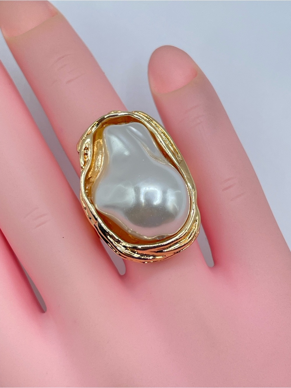 Gold Faux Baroque Pearl Statement Ring Adjustable Boho Glam Modern Runway